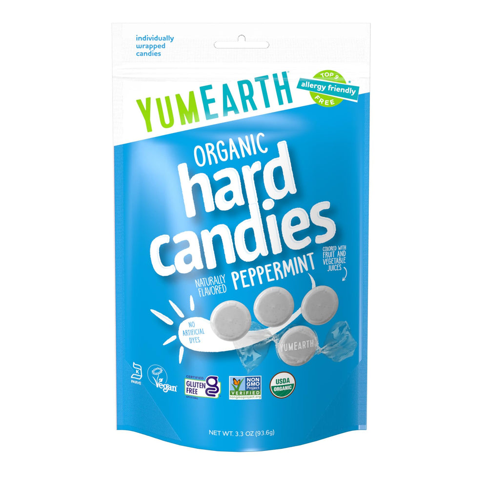 YumEarth Wild Peppermint Drops packaging highlights allergy-friendly mint candy