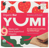 Yumi Bars toddler strawberry rhubarb organic package front shows a kid-friendly snack