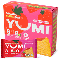 YUMI Organic Breakfast Superbar strawberry with a soft-baked crust for easy bites