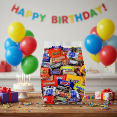 Yummy Chew party favors display with assorted chocolates ready for celebrations.