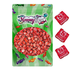 Close-up of YUMMYLAND Star Bursts Cherry candies, glossy red chewy pieces.