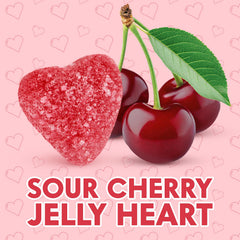 Yumzo heart-shaped candy display with cherry jelly hearts for festive treats.