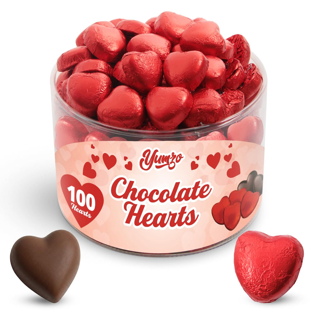 Yumzo Valentines Day milk chocolate hearts 100-pack for classroom exchanges.