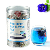 YUNHAHA butterfly pea tea bags steeping to reveal vibrant blue color.