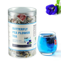 YUNHAHA butterfly pea tea bags steeping to reveal vibrant blue color.