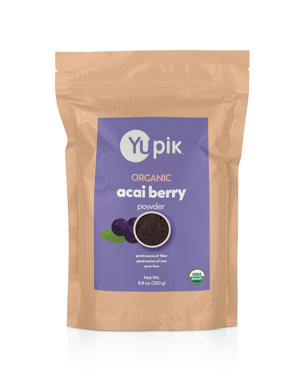 Yupik Acai Powder packaging shows organic certification, ideal for smoothie prep.