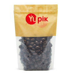 Yupik dark chocolate-covered cherries in packaging, a snack with fiber and iron.