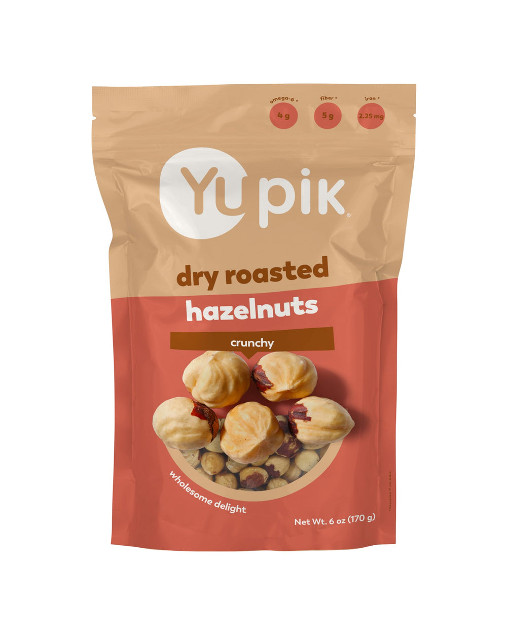 Yupik dry roasted hazelnuts six-ounce pack—oil-free and unsalted for pure snacking.