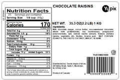 Yupik milk chocolate covered raisins closeup highlights smooth, chewy texture.