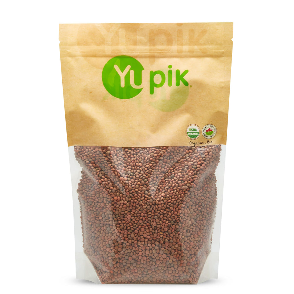 Yupik Organic Brown Lentils packaging shows premium, non-GMO product for healthy meals