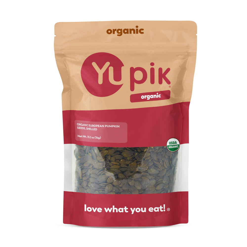 Yupik organic European pumpkin seeds no-shell pack, protein-rich snack option.