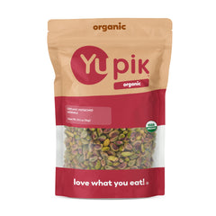 Yupik organic pistachios kernels in packaging, a convenient healthy snack