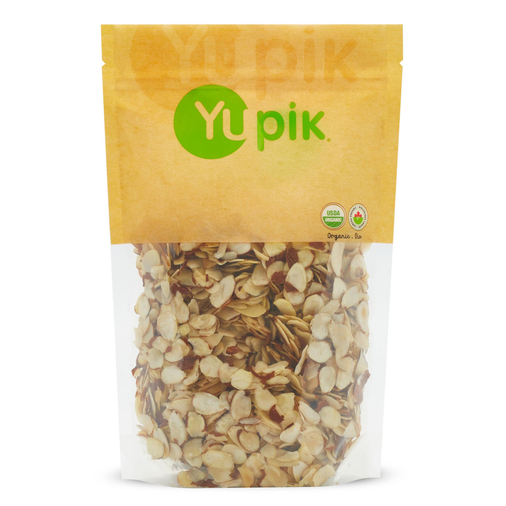 Yupik organic sliced almonds with skins, 1 lb, ideal for snacking or cooking.