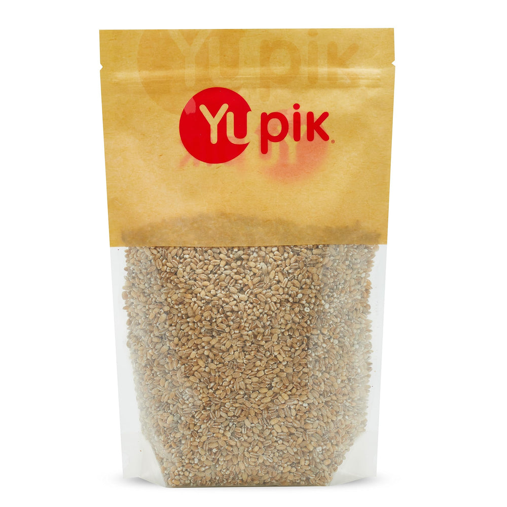 Yupik Pot Barley packaging highlights non-GMO, kosher whole grains for fiber-rich meals.