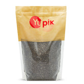 Yupik raw black chia seeds in a resealable bag for easy storage