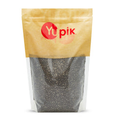 Yupik raw black chia seeds in a resealable bag for easy storage