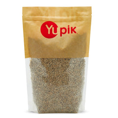Yupik roasted sunflower seeds front view in bag; unsalted and ready to snack.