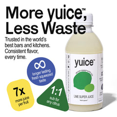Close-up of YUZUCO Lime Super Juice label emphasizing fresh ingredients.