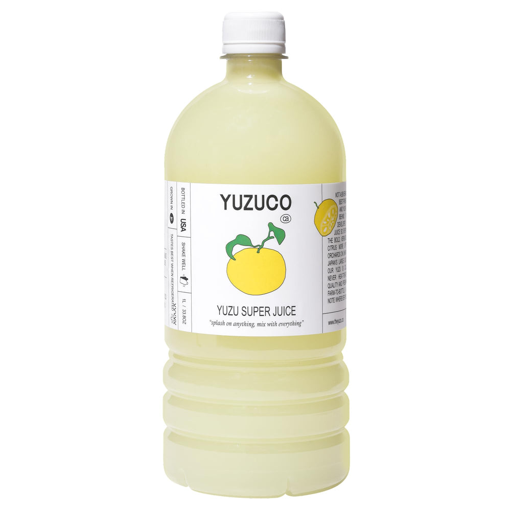YUZUCO Yuzu Super Juice bottle on a counter, ready for cocktails and dressings
