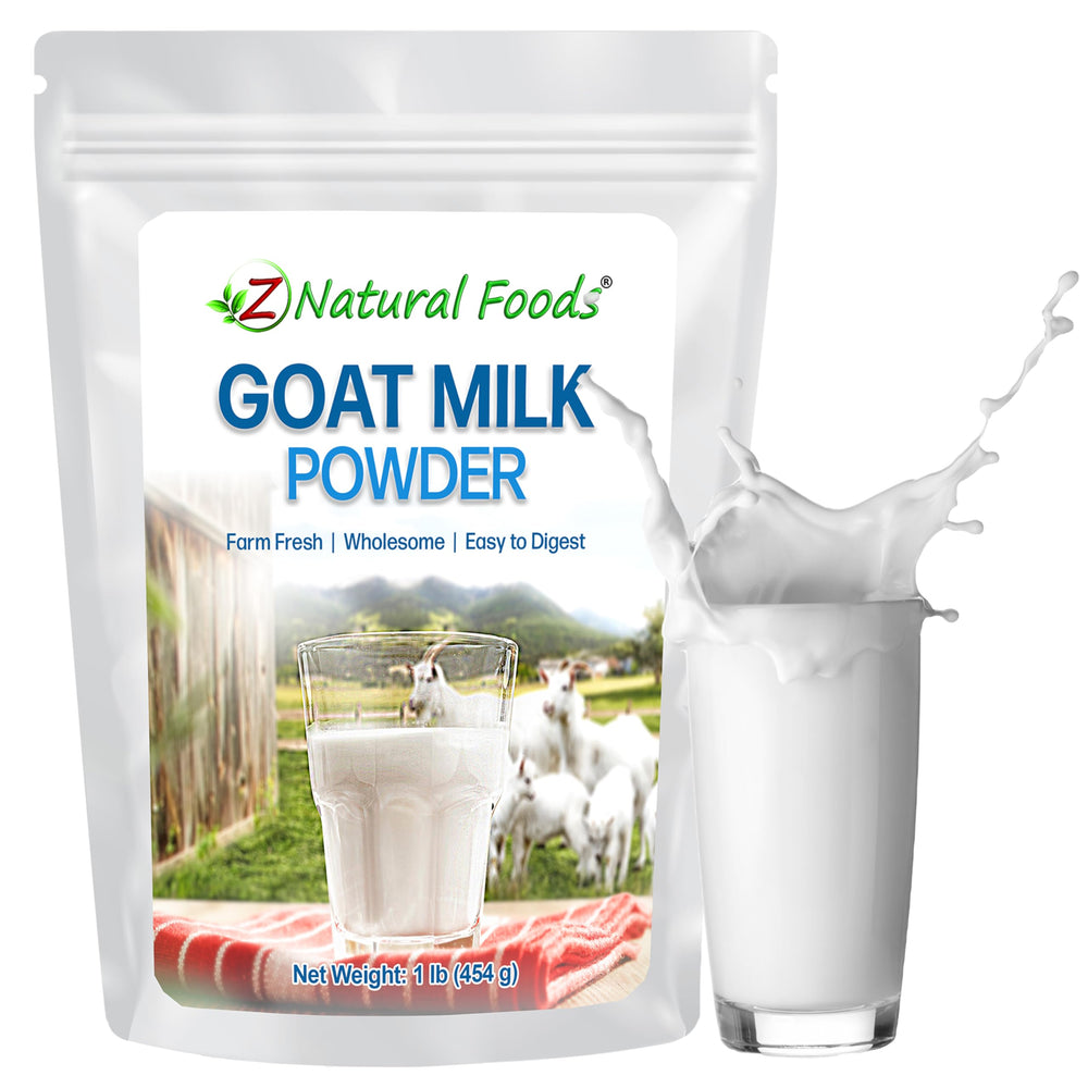Z Natural Foods goat milk powder packaging highlighting premium Dutch quality for versatile cooking