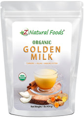 Z Natural Foods Organic Golden Milk Powder front label showing turmeric blend for cozy drinks