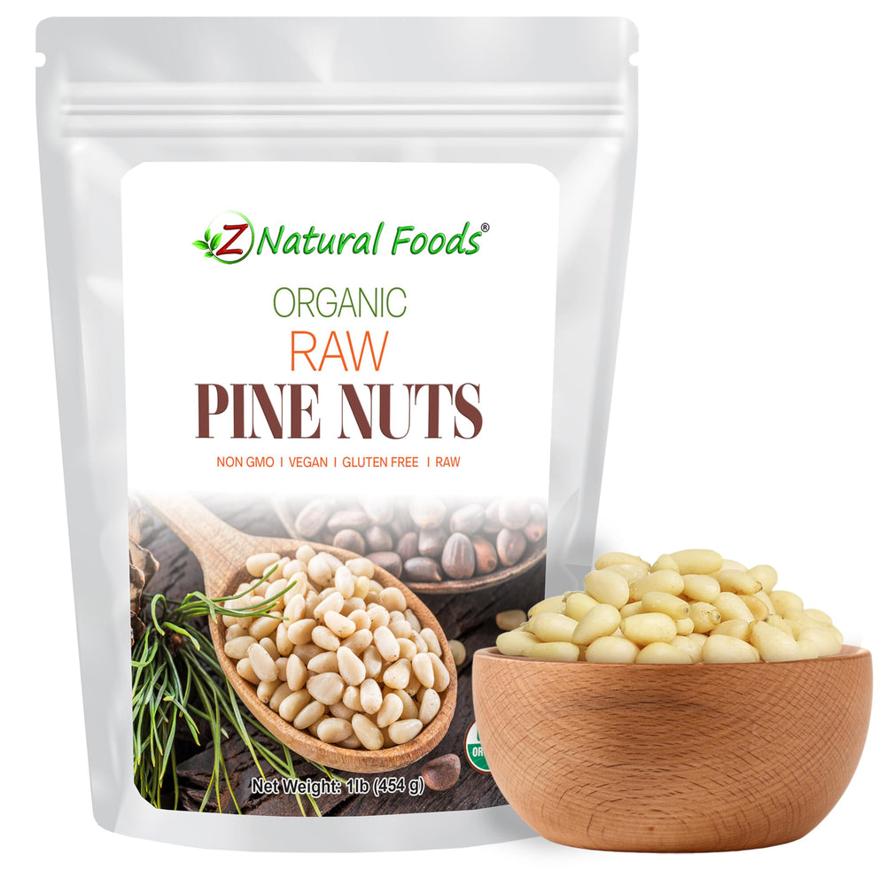 Z Natural Foods pine nuts in an airtight foil pouch ideal for pesto and salads
