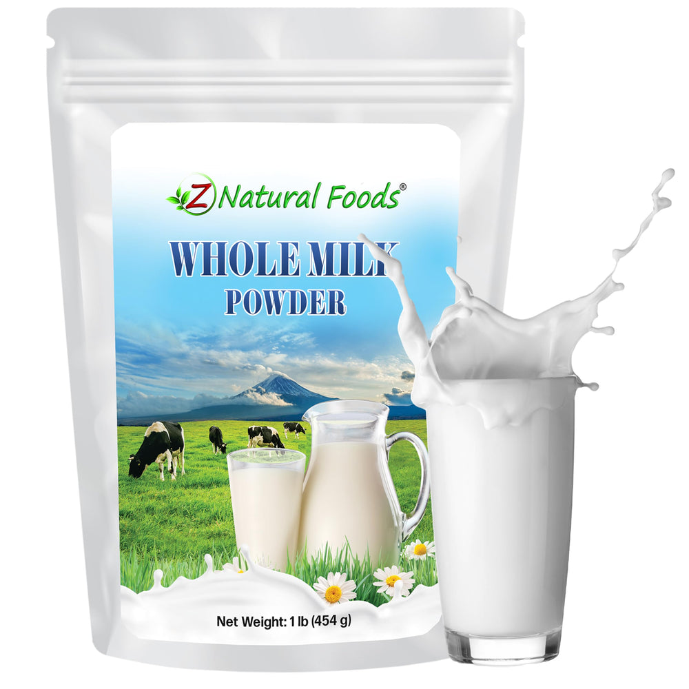 Z Natural Foods whole milk powder being poured from the bottle into a glass for creamy drinks.