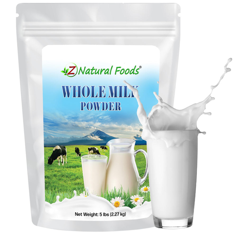 Z Natural Foods whole milk powder packaging in a 5 lb bag for pantry use