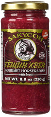 Zakuson horseradish with beets jar showing vibrant color, ideal for roast beef pairing.