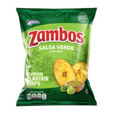 Zambos Salsa Verde Plantain Chips bag front for on the go snacking