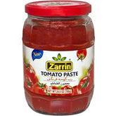 Zarrin tomato paste glass jar back label indicating origin and quality for Turkish cooking