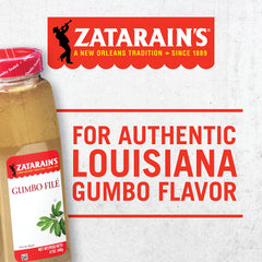 Close-up of Zatarain's Gumbo Filé powder on the jar's side showing thickening potential.