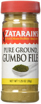 Zatarain's Pure Ground Gumbo File jar closeup highlights authentic New Orleans flavoring.