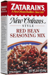 Zatarain's Red Bean Seasoning Mix packaging highlighting gluten-free, all-natural formula for flavorful beans.