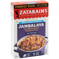 Zatarain's Reduced Sodium Jambalaya Rice Dinner Mix box on a kitchen counter, ready for family meals.