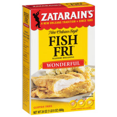 Zatarain's Wonderful Fish Fri packaging shown, a versatile seafood breading for crispy results.