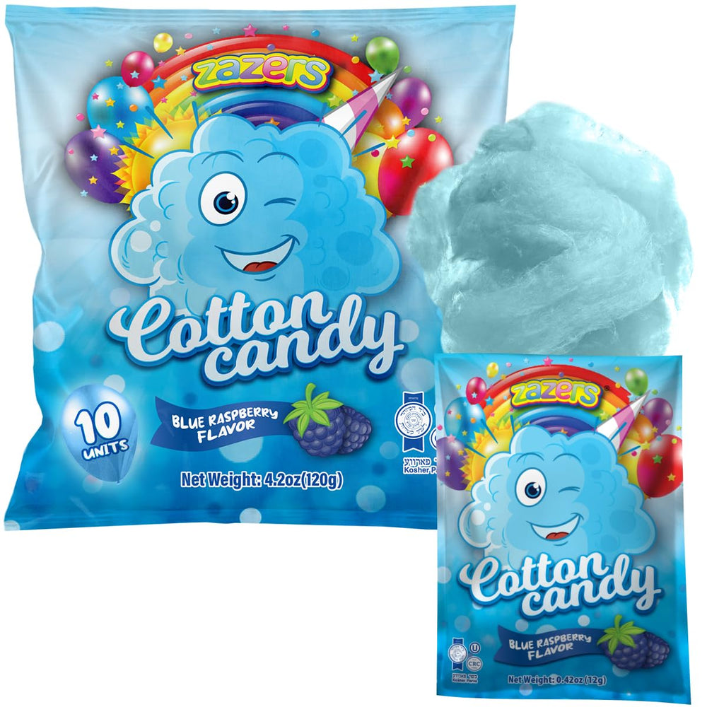 Zazers cotton candy blue raspberry bags reveal bite-size freshness for parties.