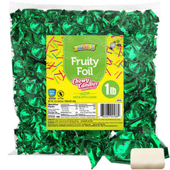Zazers Green Apple Chewy Taffy Bag in vibrant foil packaging, ideal for party favors and candy buffets.