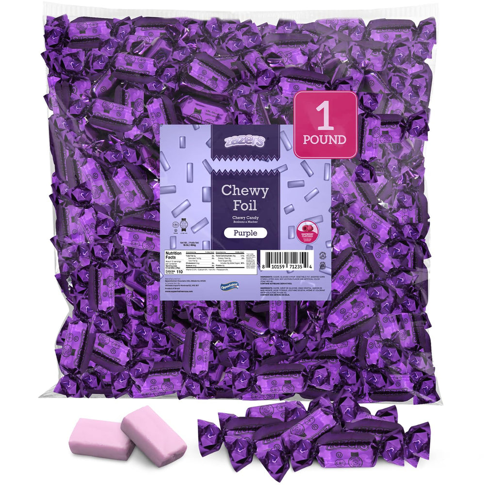 Zazers purple chewy foil candy front view, ideal for upscale party treats.