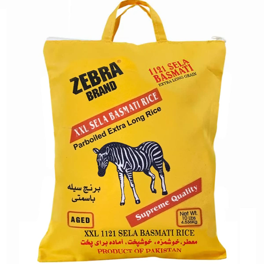 Zebra 1121 Sela XXL parboiled rice in a 10 lb bag; fluffy, separate grains.