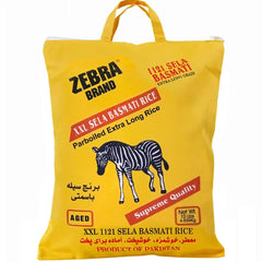 Zebra 1121 Sela XXL parboiled rice in a 10 lb bag; fluffy, separate grains.