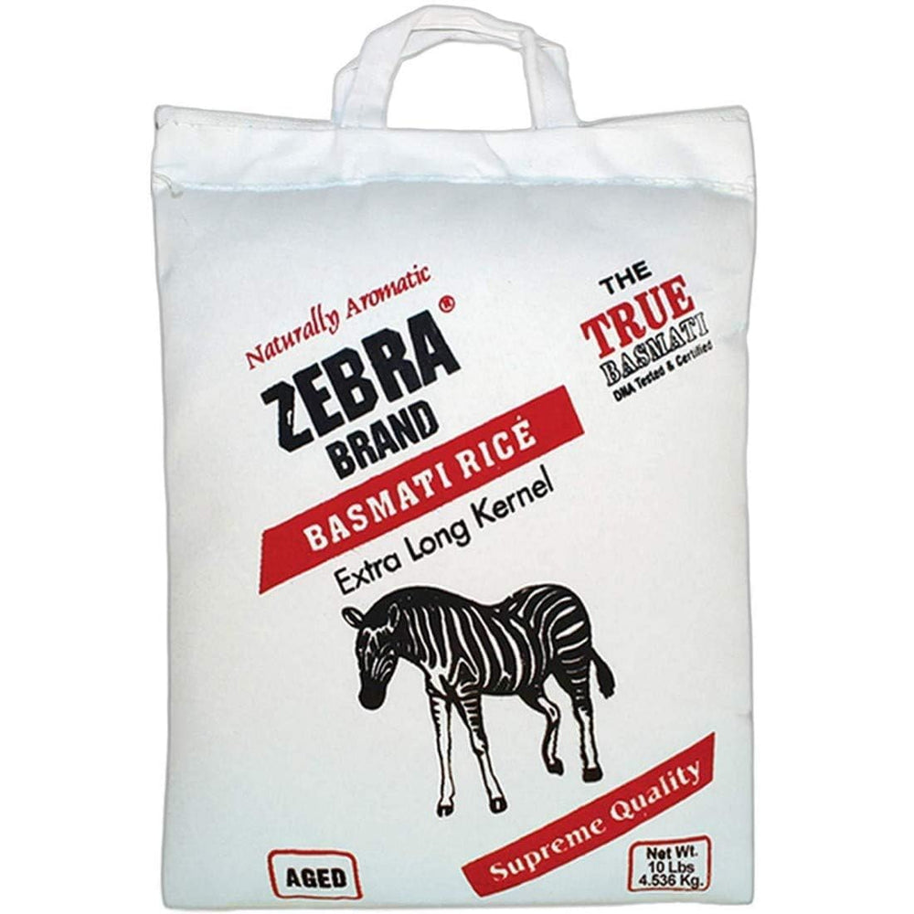 Zebra Basmati rice 10lb pack front view, aromatically fragrant for fluffy meals.