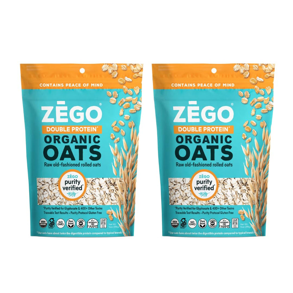 ZEGO Double Protein Raw Oats front packaging highlighting organic gluten free promise