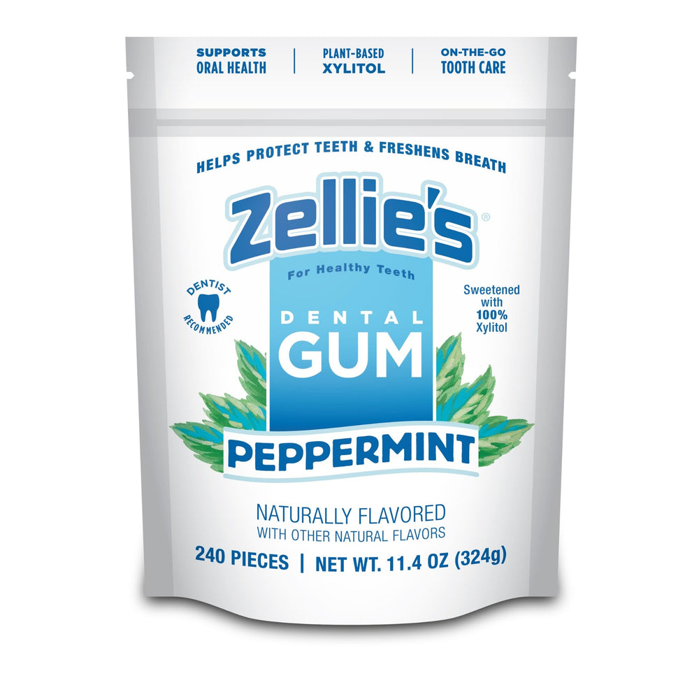 Zellie's peppermint gum pack front highlighting xylitol and refreshing flavor.