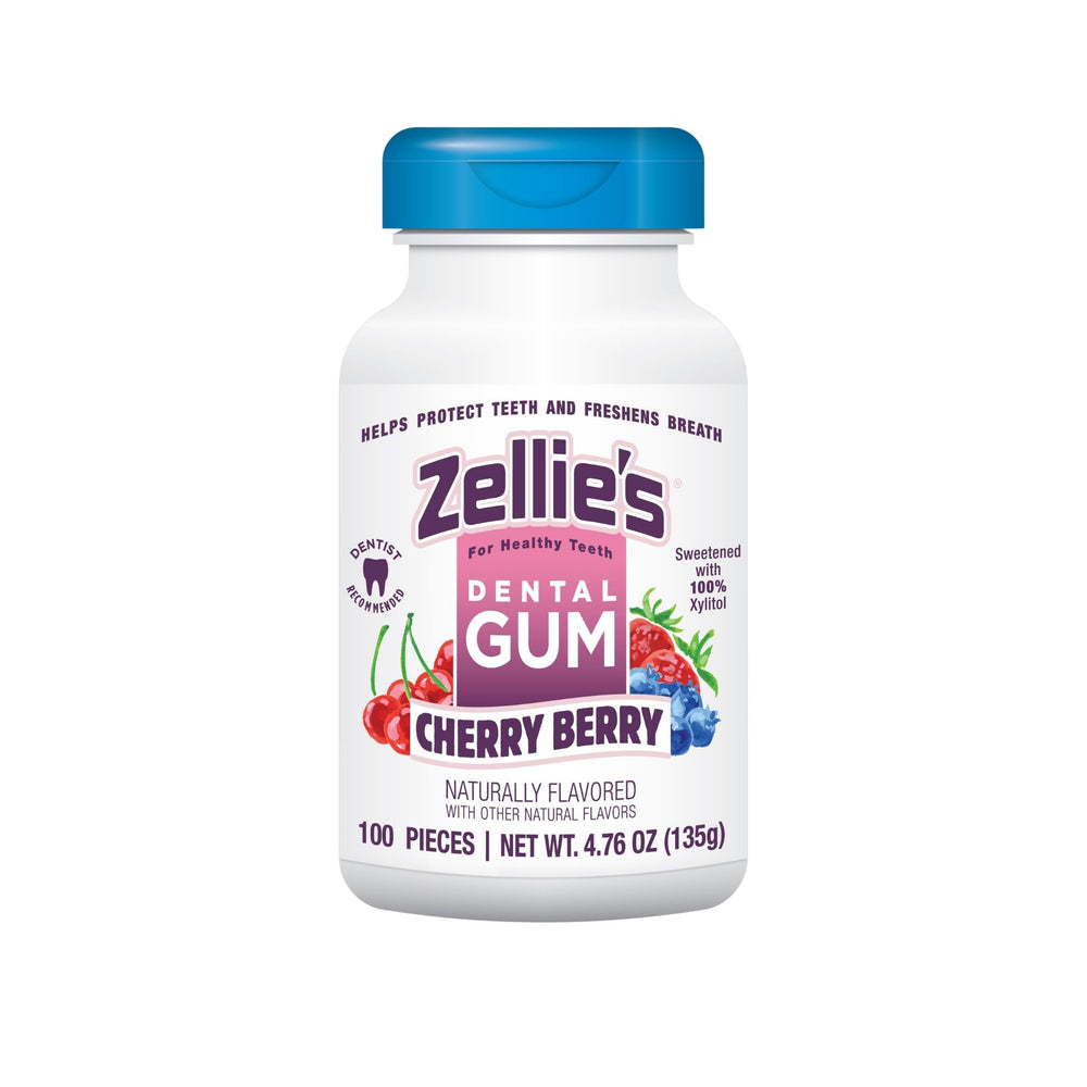 Zellie's 100-count cherry-berry chewing gum pack for daily oral care.