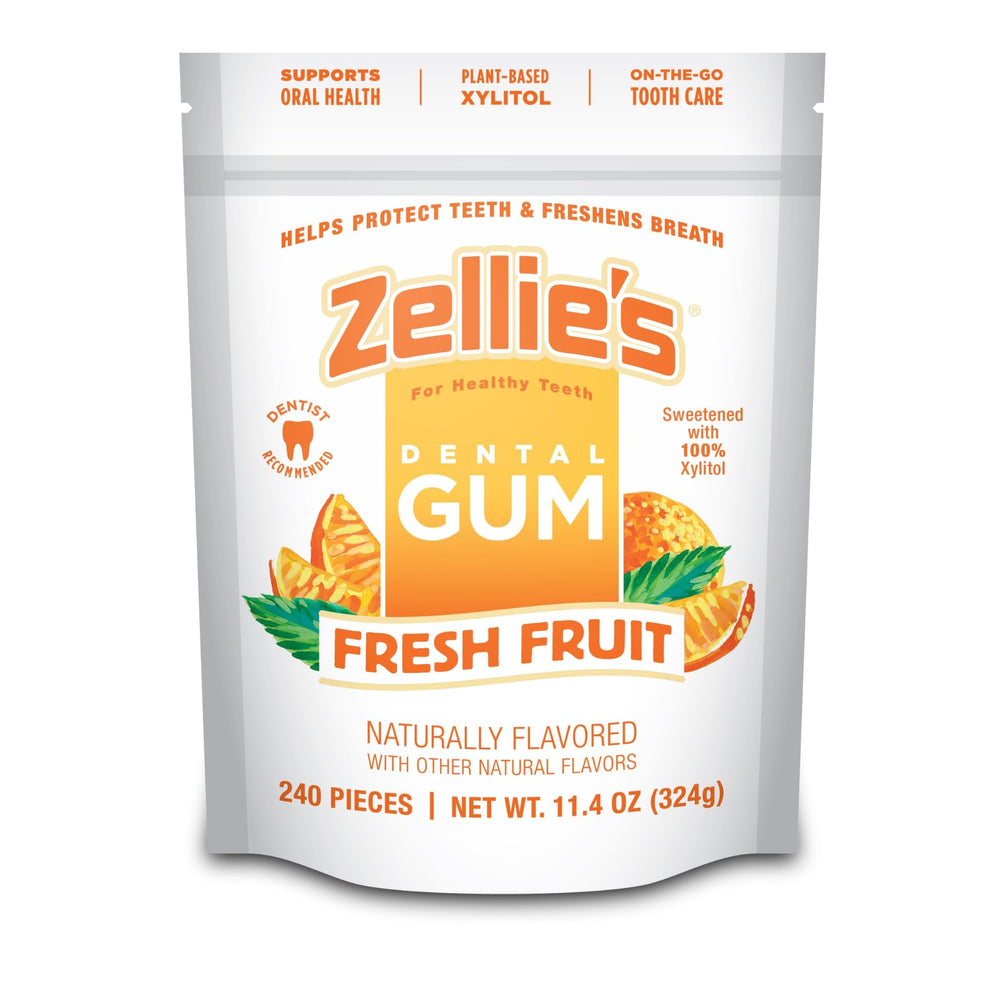 Zellie's Fresh Fruit Gum pack front view, xylitol-based formula for daily oral care.