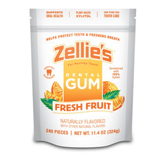 Zellie's Fresh Fruit Gum pack front view, xylitol-based formula for daily oral care.