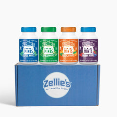 Zellies gift-set box shows 250-count mints for travel-friendly freshness.