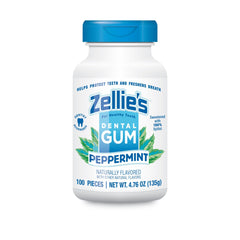 Zellie's peppermint chewing gum 100-count pack front view for fresh breath.