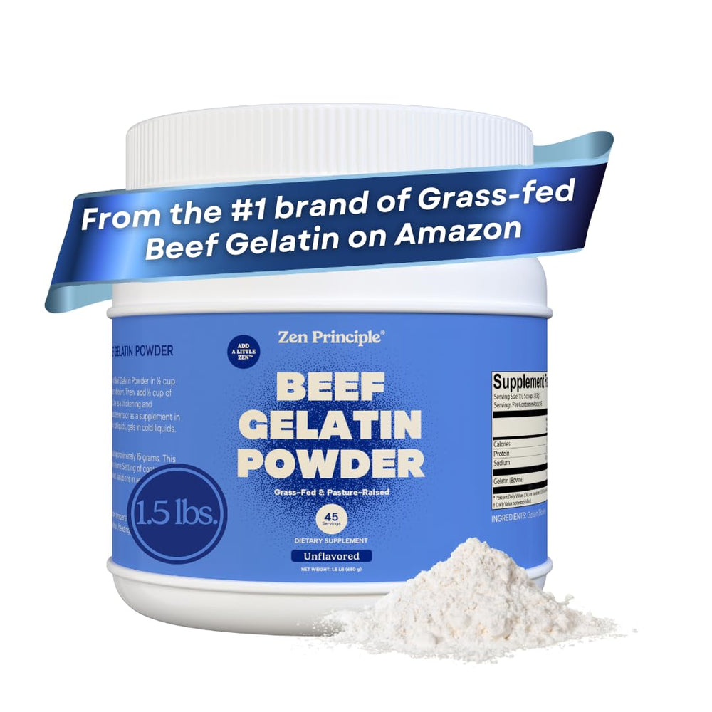 Zen Principle gelatin powder packaging shows premium grass-fed formula.